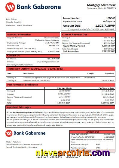 Botswana Bank Gaborone bank mortgage statement